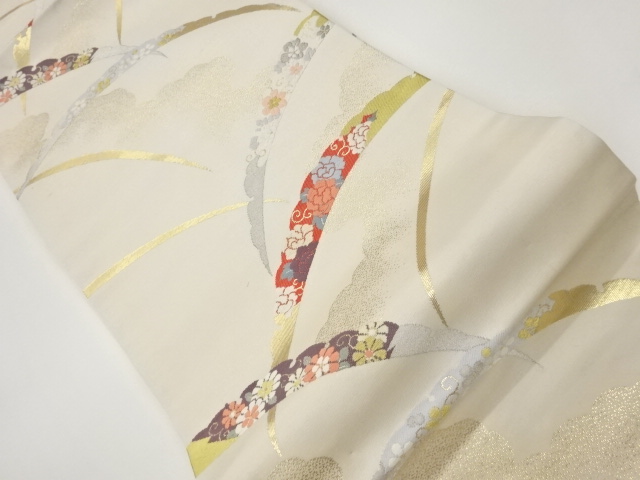 JAPANESE KIMONO / SNOW LAWN / FLOWER ARABESQUE PATTERN WOVEN CLOUD NAG
